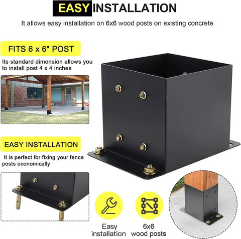 Heavy Duty 6x6 Post Base Brackets 8 Pack Built From 14 Gauge Steel With Black Powder Coat shown in installation diagram