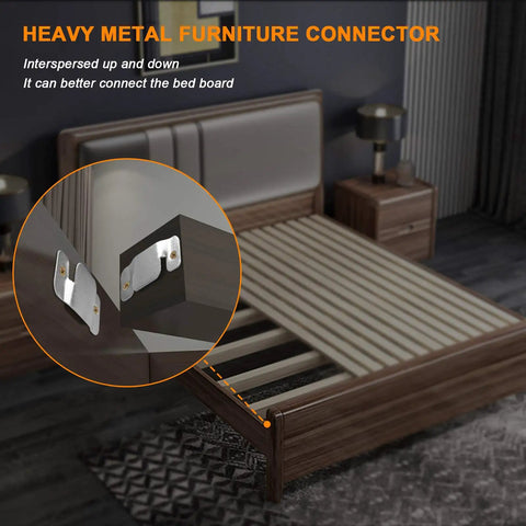 Heavy Duty Sectional Sofa Connector Brackets Keep Your Couch Locked Down Tight, Universal Alignment Bands With Screws To Stop Slippery Moves Cold, Solid Four Piece Furniture Fastener Kit For Modern Homes, showing detailed metal connector piece installed on a bed frame.