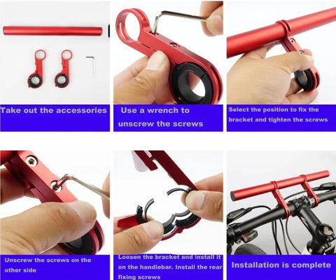 Bike Handlebar Extender With Dual Clamp Mount installation steps and accessories shown on a bicycle handlebar.