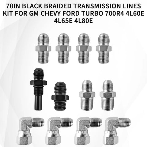 70 Inch 6AN Black Braided Transmission Cooler Lines Kit For GM Chevy Ford Turbo 700R4 Fittings Display
