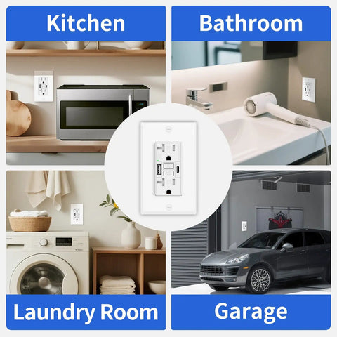 Solid Setup GFCI Outlet With Dual USB A Plus C Ports In White Pack Of 20 Tamper Resistant used in kitchen, bathroom, laundry, garage.