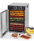 Badass Electric Food Dehydrator With 12 Stainless Steel Trays 1200W High Power, filled with various dried fruits and herbs.