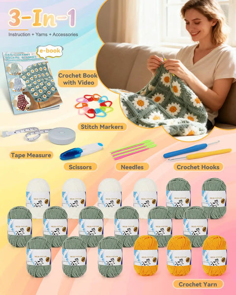 Beginner Crochet Kit With Easy Yarn Pack For A Cozy Granny Square Blanket Step By Step Video Guides Simple Crochet Starter Set For Grab And Go Fun At Home Craft Projects includes yarn, hooks, and tools with woman crocheting blanket.
