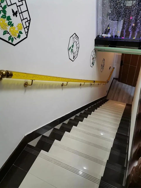 Beefed Up Clear Acrylic Stair Handrail With Sparkling Gold Brackets Rock Solid Wall Mounted Banister for modern staircase view.