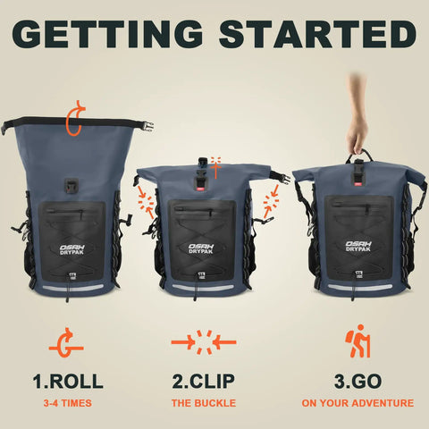 Instructions for using Heavy Duty Waterproof Dry Bag Backpack 35L 55L 85L with roll top closure for travel and outdoors.