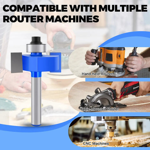Rabbeting Router Bits Set For Precise Rabbet Slots, 1/4 Inch Shank, 4-Piece Kit with 6 Bearings shown with router compatibility