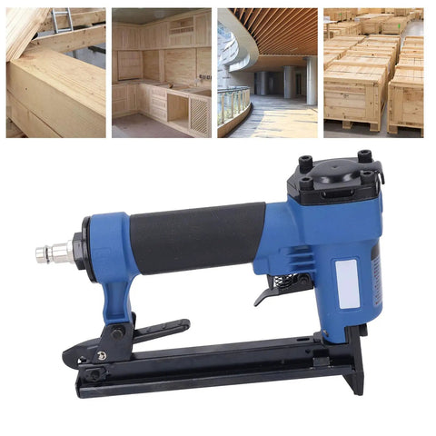 Real Deal Pneumatic Brad Nailer Built Like A Tank For Heavy Duty Woodworking And Furniture Assembly Featuring Unbreakable Aluminum Construction, side view with trigger and grip.