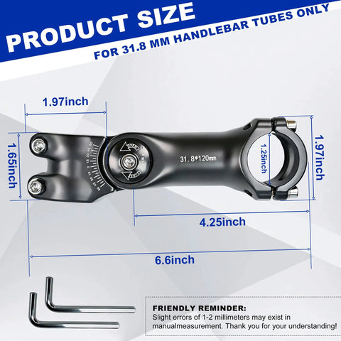 Adjustable Bike Stem 31.8mm Clamp With 100mm Or 120mm Length And 60 Degree Riser, product size with dimensions and tools shown