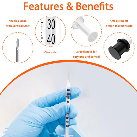 100 Pack 1ml Syringe With 30G 5 By 16 Inch 8mm Needle Individually Wrapped Lab Syringes For Precise Dosing One Hand Operation