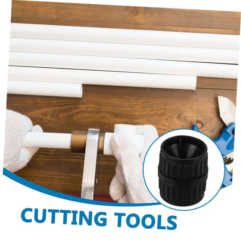 Close-up of Two Pack Tubing Reamer Set for Copper Pipes Inner and Outer Deburring Tools with cutting tool and white tubing.