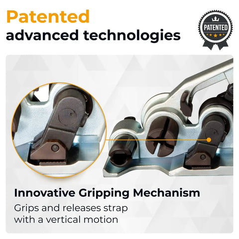 Close-up of Heavy Duty Tensioner For Wide PET Strapping Featuring Patented Vertical Gripper Design, showcasing innovative gripping mechanism.