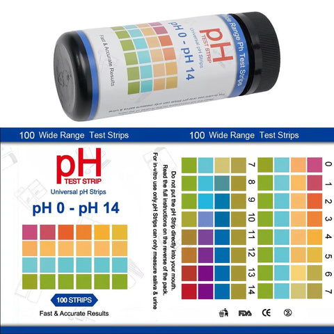 pH Test Strips 0 To 14, 100 Strips Universal Litmus Paper with color chart for liquid, food, and soap testing on bottle label