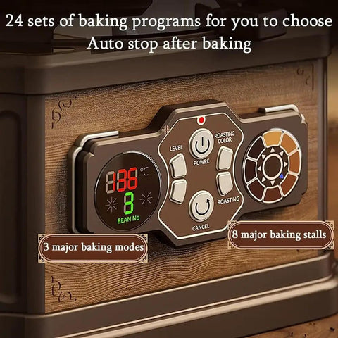 Close-up of the digital control panel showing temperature and settings for the Level Up Your Home Barista Game With This Pro Grade Electric Coffee Bean Roaster.