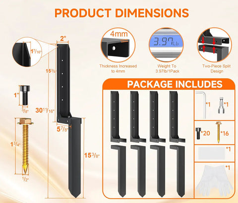Heavy Duty Fence Post Repair Kit Quick Fix Leaning 4x4 6x6 Wood Posts 4 Pack 13 Gauge Steel Anchors dimensions and package contents