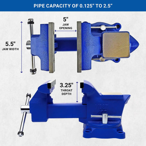 Beefy 455 Combination Vise With 5.5 Inch Jaw, Heavy Duty Pipe And Bench Clamp, Swivel Base, Blue Finish, Metalworking Projects