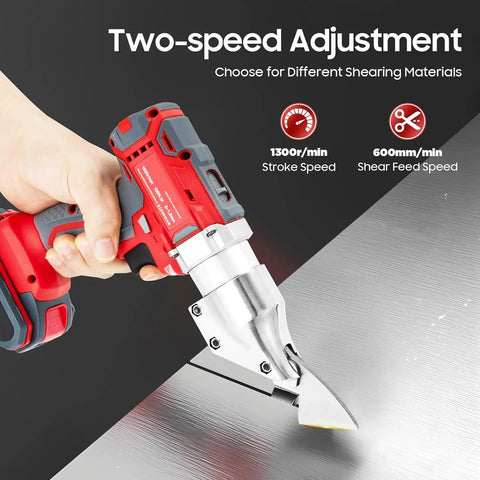 Heavy Duty 21V Cordless Sheet Metal Shear With Brushless Motor And Batteries in use, cutting stainless steel with a chrome vanadium steel head.
