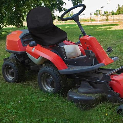 Universal Lawn Mower Seat Cover For EGO Power Plus ZT5216L on red mower, weatherproof and moisture-resistant.
