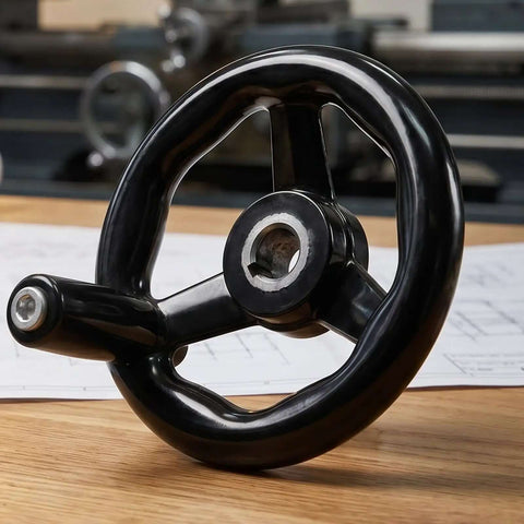 2 Piece Black Hand Wheel Knobs for Milling Machines with smooth rotation, Bakelite and iron industrial handles on wood surface