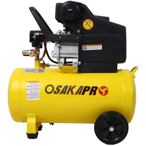 10 Gallon Air Compressor With Oil Lubricated Motor Delivers 115 PSI for reliable nail stapling, featuring a portable yellow tank and rubber tires.
