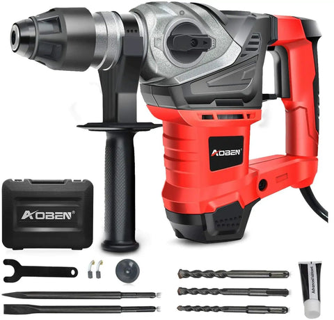 Beast Mode Heavy Duty Rotary Hammer Drill With Vibration Control And Safety Clutch, 13 Amp SDS Plus Demolition Hammer For Concrete, Includes 3 Drill Bits And Flat And Point Chisels, 1-1/4 Inch Capacity