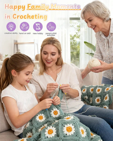 Family using Beginner Crochet Kit With Easy Yarn Pack For A Cozy Granny Square Blanket Step By Step Video Guides Simple Crochet Starter Set.