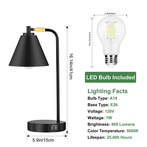 3 Way Dimmable Touch Desk Lamp With 2 USB Ports And AC Outlet, Bulb Included, Farmhouse Black Table Lamp with LED specifications