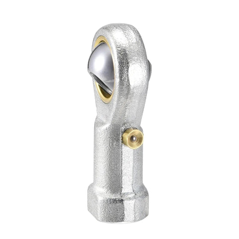 Two Pack One Quarter Inch Rod End Bearings With Pre Lubricated 28 TPI Right Hand Female Thread, 13 Degree Misalignment, Spherical Steel Body, Hardened Ball, Beefy Yet Precise, 7.7 kN Static And 4.5 kN Dynamic Load Capacity, silver rod end bearing side view