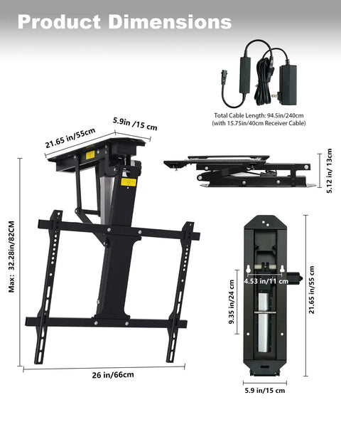 Motorized Drop Down Ceiling TV Mount Fits 32 To 70 Inch Screens With Wireless Remote dimensions and specifications image
