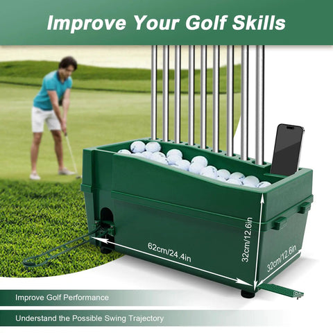 Automatic Golf Tee Machine With Cordless Ball Dispenser And 9 Club Jacks, 100 Ball Capacity Swing Trainer illustrated on grass field