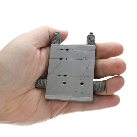 Swiss Style Miter Cutting Vise Jig Forged From Hardened Steel Measures Three Point Seven Five Inches in hand for wire bending.