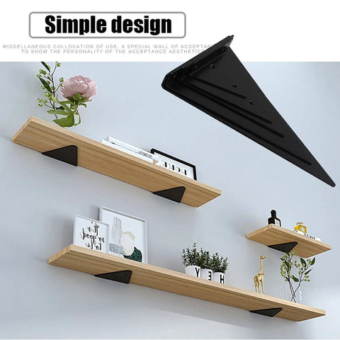 Heavy Duty Black Metal Floating Shelf Brackets Rock Solid Triangle Design Wall Mounted Corner Hardware supporting wooden shelves.