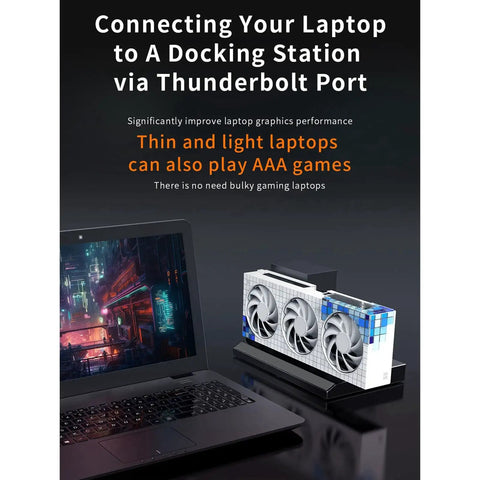 Rock Solid Aluminum External GPU Dock With Thunderbolt 3 And 4 Support, USB4 40Gbps Transfer connected to a laptop.