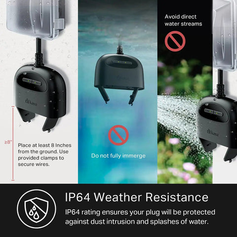 Heavy Duty Outdoor Wi-Fi Smart Plug With Dual Sockets with IP64 weather resistance guidelines and warnings against immersion