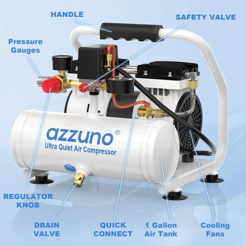 Azzuno 1 Gallon Ultra Quiet Air Compressor With Portable Electric Oil Free Motor and Fast Inflation For Tires, showing pressure gauges and valves.