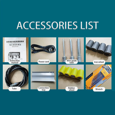 Accessories list for Intelligent Automatic Wire Stripper Machine Twisters Tool including manual, power cord, tubes, and wheels.