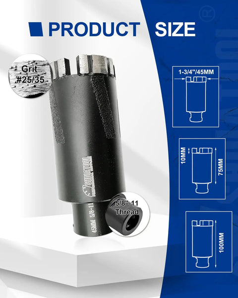 Pro Grade Diamond Core Drill Bits One And Three Quarters Inch 45mm For Hard Stone 5/8-11 Thread Size Details