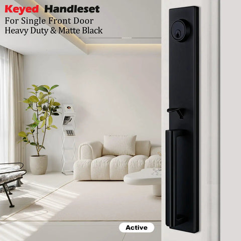 Iron Black Front Double Door Handleset with Keyed Entry displayed in modern living room setting