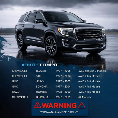 Dark SUV parked on wet pavement, with text listing vehicle fitment for 4WD Front Wheel Bearing Hubs Replacement Set For Chevy S10 Blazer GMC Jimmy Oldsmobile Bravada Isuzu Hombre Pair Hubs Assembly For 1997 To 2005 Models Fits 4x4 Trucks And SUVs And Off Road Ready