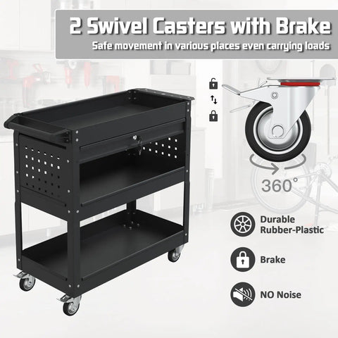 Three Tier Rolling Tool Cart With Drawers, 400 Lb Capacity Heavy Duty Utility Cart On Wheels With Pegboard, Matte Black