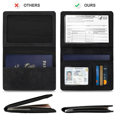 Two Pack RFID Blocking Passport Wallet Cover With Vaccine Card Slot And Card Compartments, shown open and closed, black color