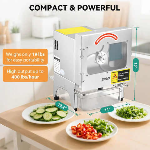Commercial Electric Vegetable Slicer Featuring Automatic Conveyor Belt Cutting Tray For Green Beans Scallions And Soft Fruits 200 Watt 110 Volt with sliced cucumbers.