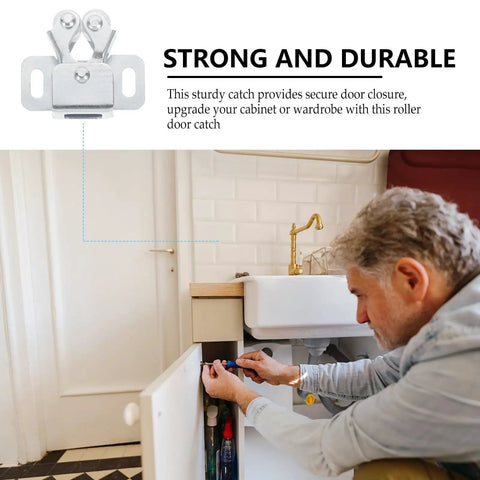 Man installing 20 Piece Cabinet Door Latch Double Roller Catch Set with Cold Rolled Steel Construction for cupboard use