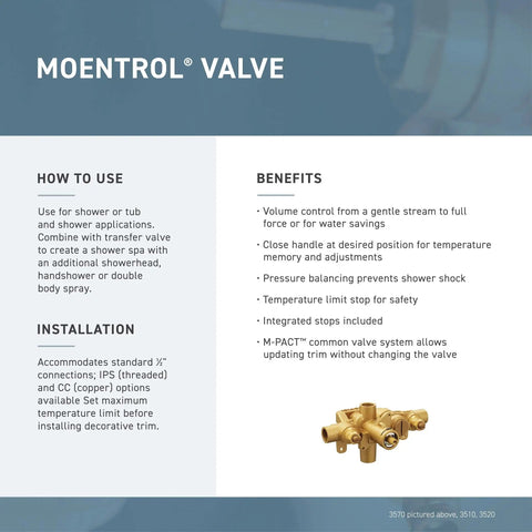 M-PACT Moentrol Shower Valve With Stops 1/2-Inch CC shown with installation tips and benefits overview.