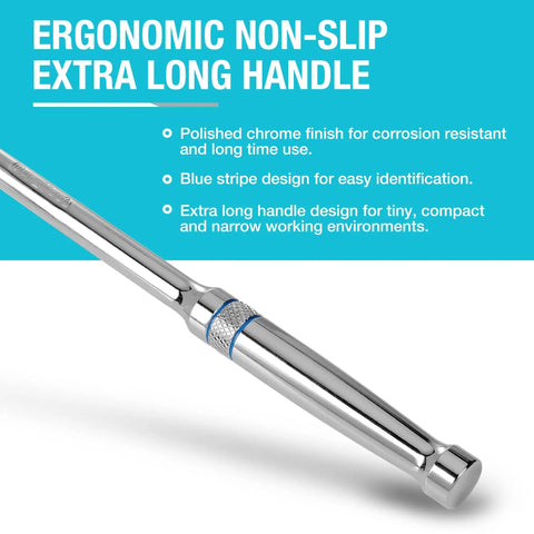 Handle of Extra Long 12 Inch Three Eighths Inch Drive Ratchet Wrench With Ninety Tooth Gear Dust Proof Teardrop Enclosed Head