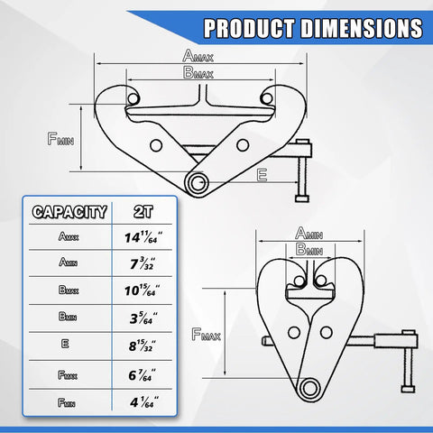 Built Like A Tank 4400 Lbs I Beam Clamp For Rigging Heavy Duty Steel Lifting Clamp dimensions illustration with measurements.