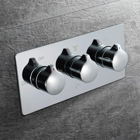 Top Shelf Thermostatic Rainfall Shower Setup With LED Wall Mount Handle And Dual Spray Handheld Copper Core Stainless Steel Ceiling Head For Game Changing Soaks In Glossy Silver Finish control panel with three knobs on textured wall.