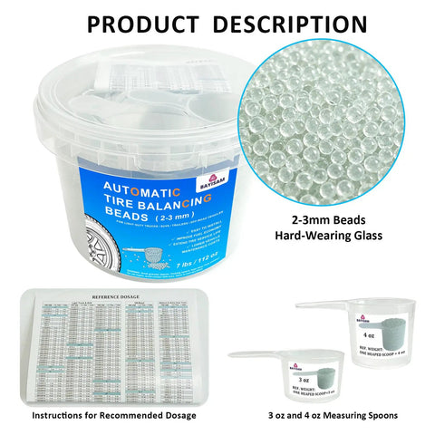 7 Pound Auto Tire Balancing Beads 2 To 3 Mm Bulk Tub With Measuring Spoon showing hard-wearing glass beads and dosage instructions.