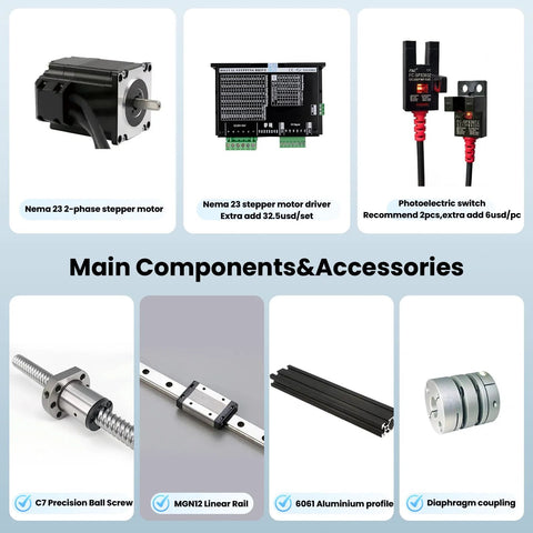 KHMOS HMS40 linear guide rail module with NEMA23 motor; includes motor, driver, photoelectric switch, ball screw, rail.