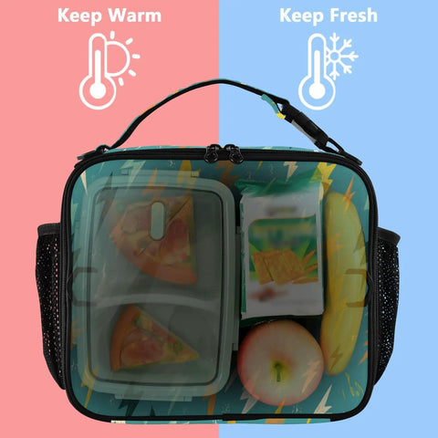 Lightning Bolt Insulated Lunch Bag For Kids And Adults Portable Cooler Tote With Shoulder Strap High Grade Polyester Thermal Retention Aluminum Lining Spacious Main Compartment And Side Mesh Pockets Ideal For School Office Travel.