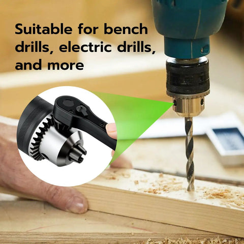 Smooth Operation Universal Ratchet Drill Chuck Key Wrench Set With Dual Socket Heads And Rock Solid Magnetic Grip, shown in use with a drill.